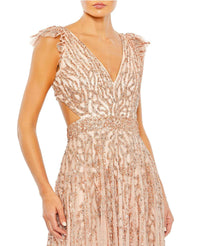 Mac Duggal, Kate Middleton Sequin cap sleeve cut out gown - Apricot) | Women's Evening Gowns Online at SHAIDE! close yo