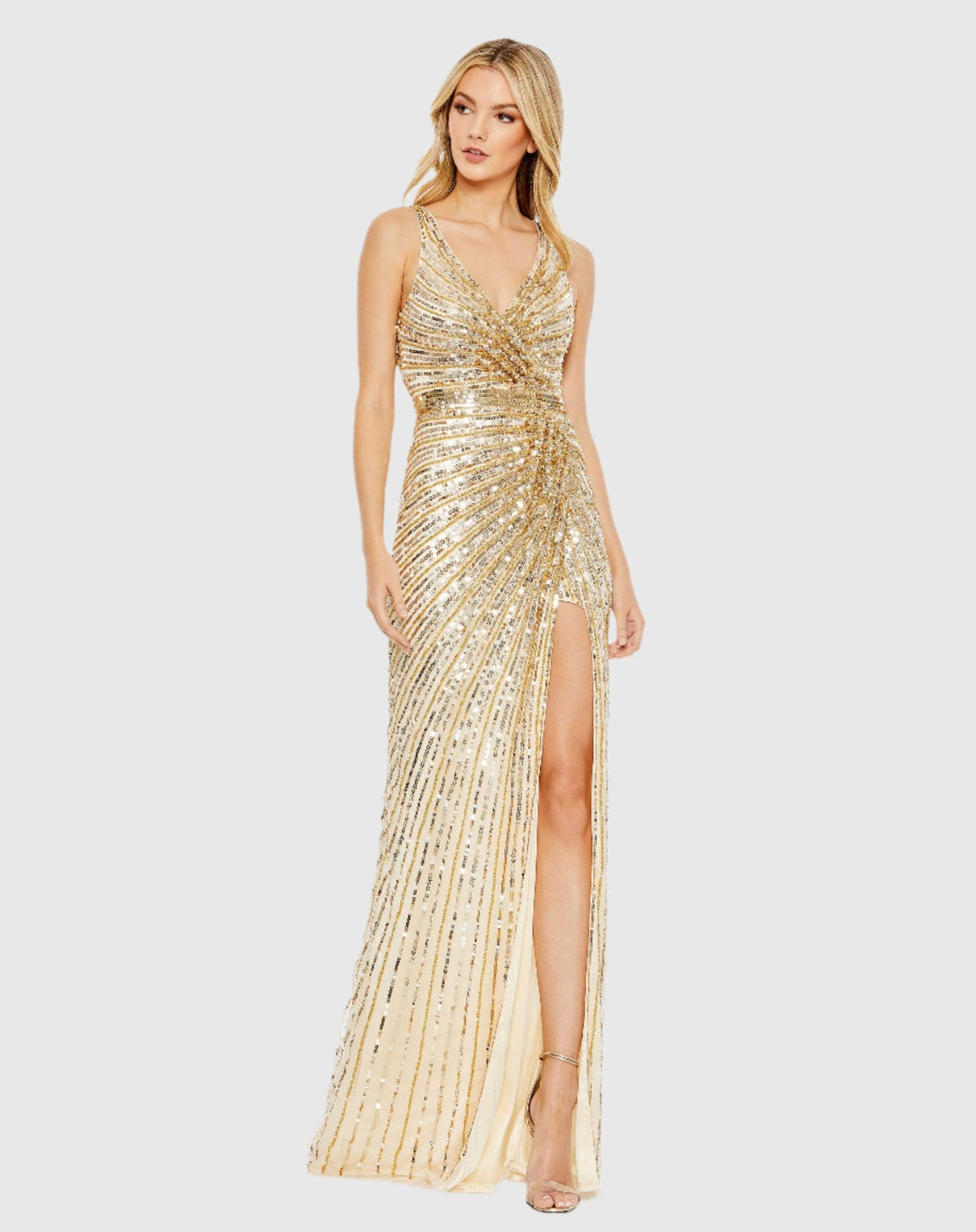 Mac Duggal, Sequined Faux Wrap Sleeveless Gown #5685 Gold