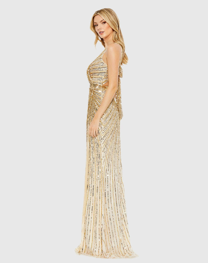 Sequined Faux Wrap Sleeveless Gown - Gold