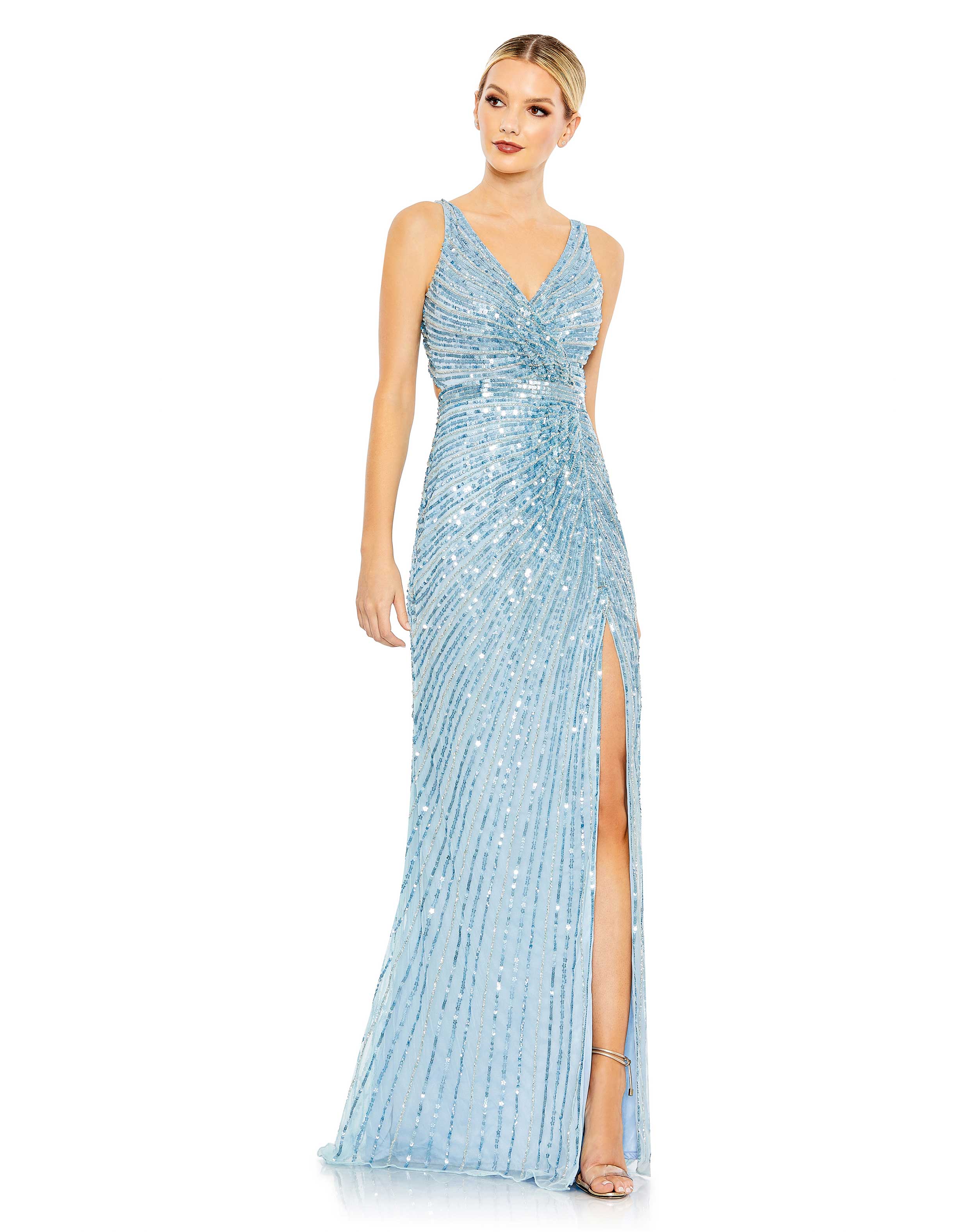 Mac Duggal Sequin V neck gown Ice Blue SHAIDE BOUTIQUE