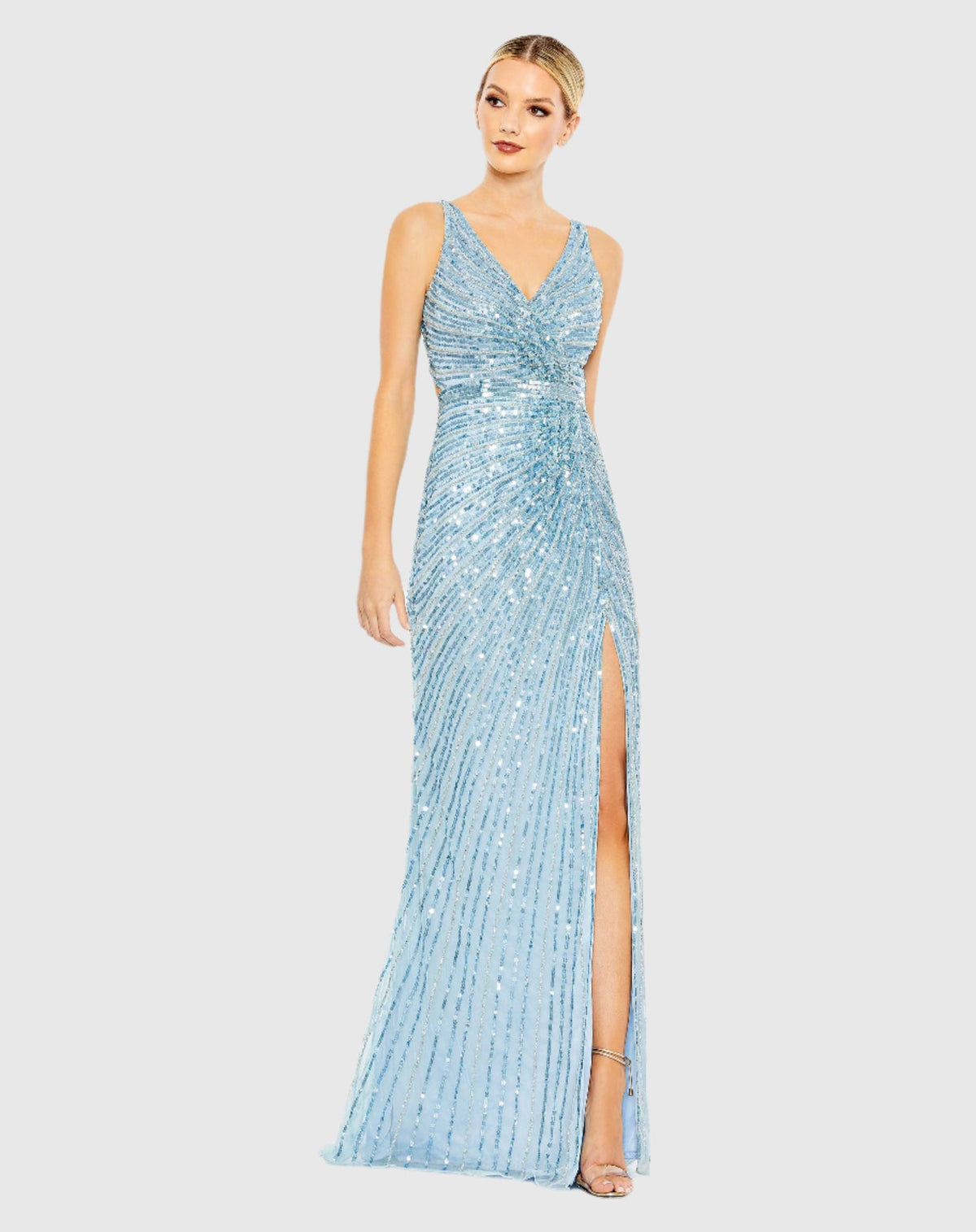 Mac Duggal Sequined Faux Wrap Sleeveless Gown #5685 Ice Blue