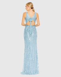 Sequined Faux Wrap Sleeveless Gown- Ice Blue