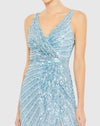 Sequined Faux Wrap Sleeveless Gown- Ice Blue