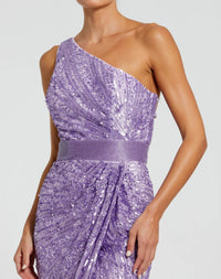 Sequined One Shoulder Draped Lace Up Gown - Lilac