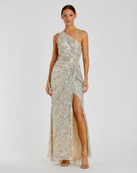 Mac Duggal, Silver Sequined One Shoulder Draped Lace Up Gown #5687 Silver