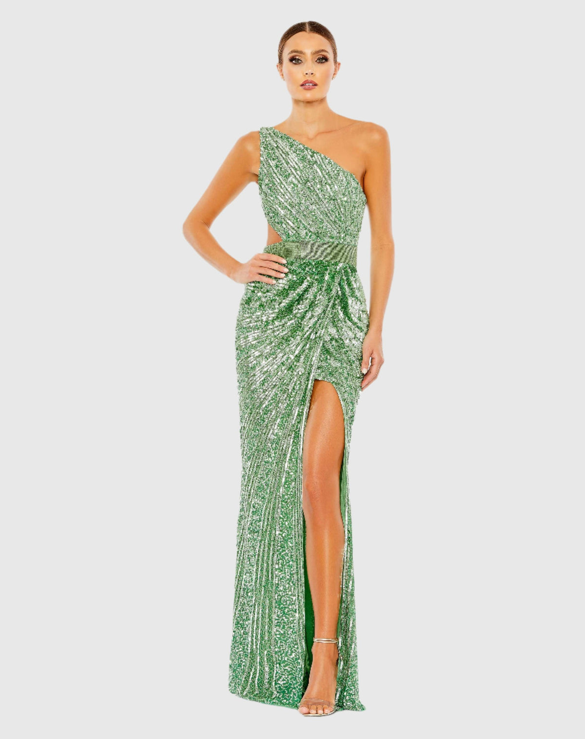 Mac Duggal #5687 Green Sequined One Shoulder Draped Lace Up Gown Sage Green