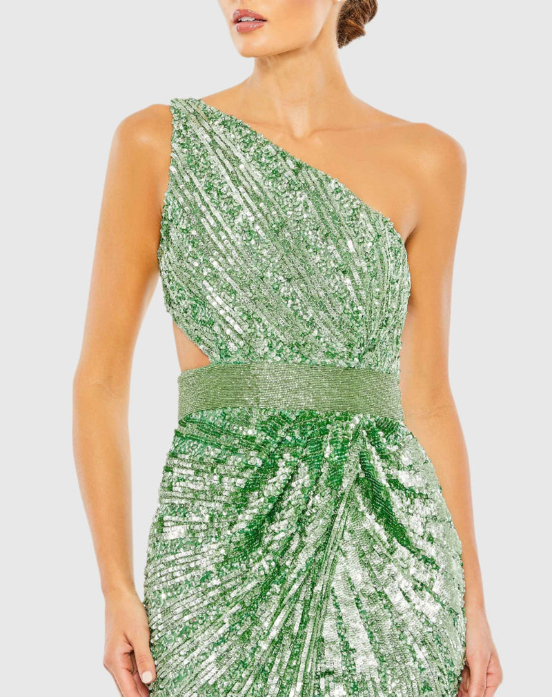 Sequin one shoulder draped lace up gown - Sage Green