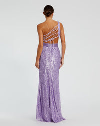 Sequined One Shoulder Draped Lace Up Gown - Lilac