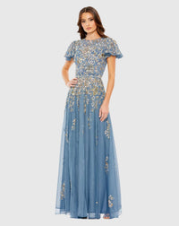 Mac Duggal  #5717 Embellished Butterfly Modest Gown - Slate Blue