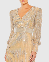 Bishop Sleeve Sequin Wrap Modest Gown - Mauve