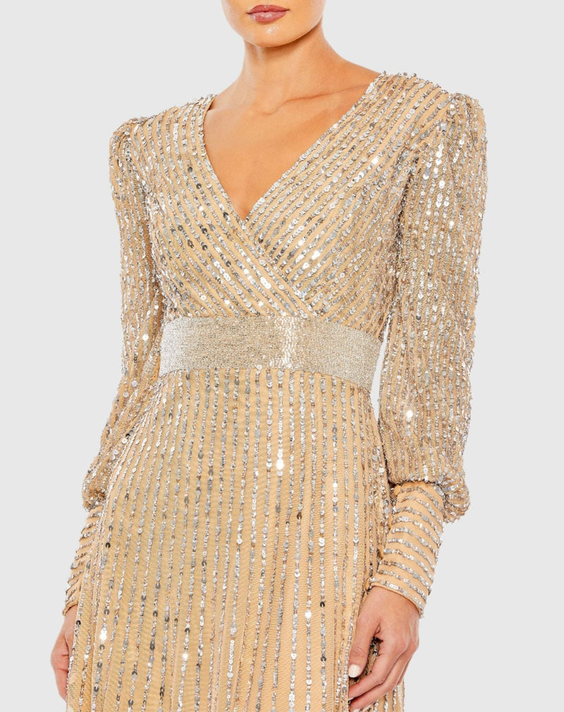 Bishop Sleeve Sequin Wrap Modest Gown - Mauve