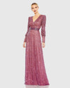 Mac Duggal #5720 Bishop Sleeve Sequin Wrap Modest Gown - Mauve