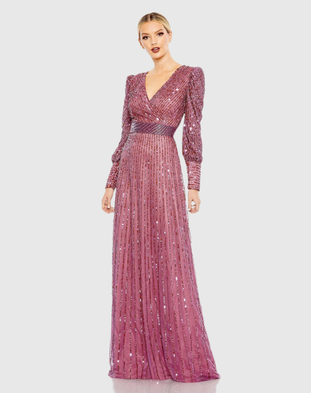 Mac Duggal #5720 Bishop Sleeve Sequin Wrap Modest Gown - Mauve