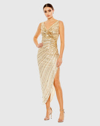 Mac Duggal #5757 Sequin Faux Wrap Sleeveless Midi Dress - Nude Gold