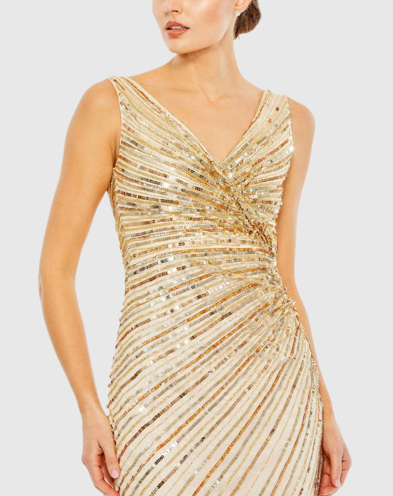 Sequin Faux Wrap Sleeveless Midi Dress - Nude Silver