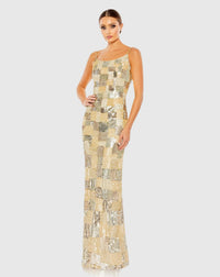 Mac Duggal, Patchwork column evening gown, Gold #5758