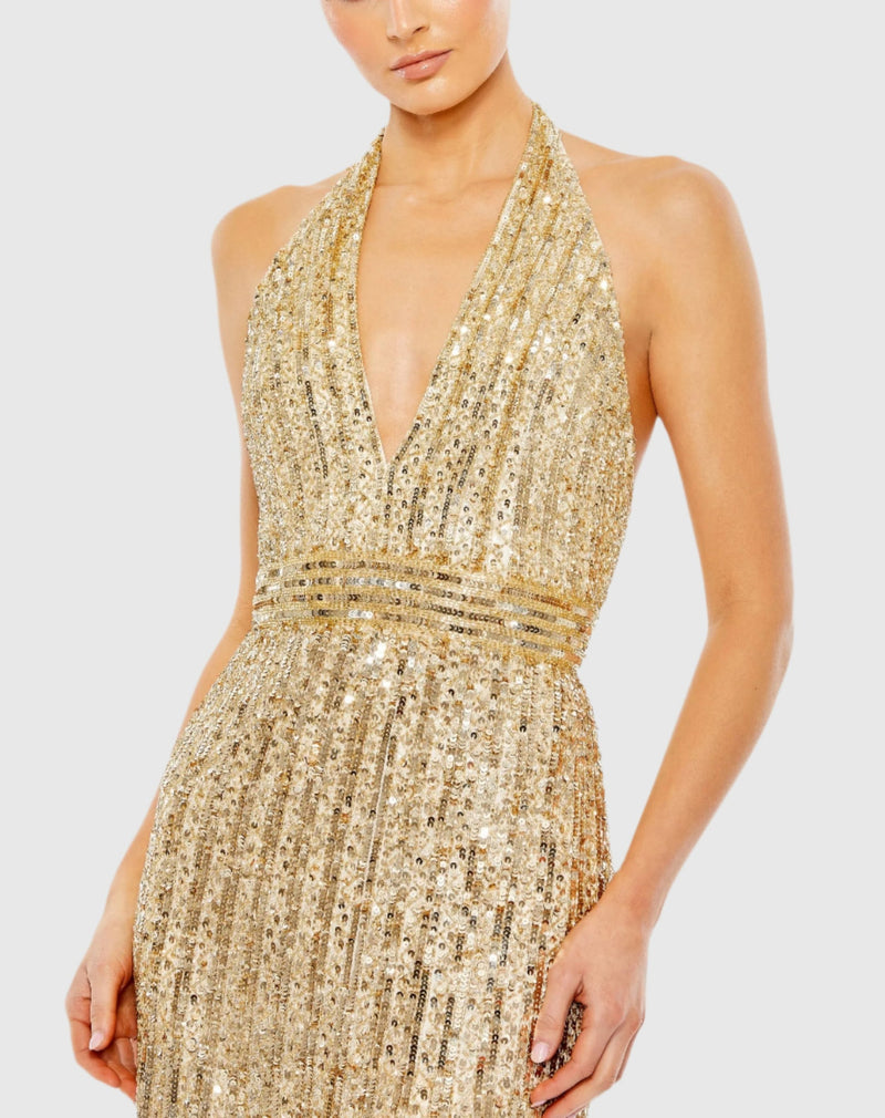 Sequined Halter Strap Trumpet Gown - Silver Nude