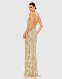 Sequined Halter Strap Trumpet Gown - Silver Nude