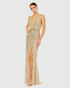 Mac Duggal #5759 Sequined Halter Strap Trumpet Gown - Gold Nude