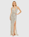 Mac Duggal Silver Sequined Halter Strap Trumpet Gown #5759