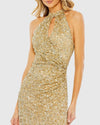 Sequin High Neck Keyhole Asymmetrical Gown - Gold