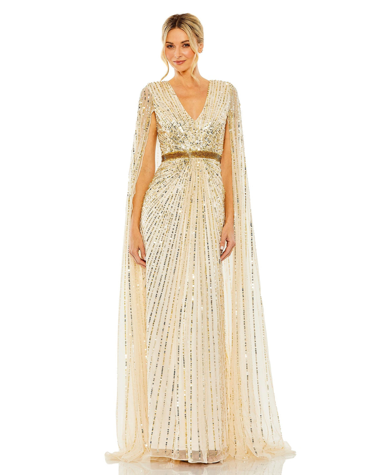 Kate Middleton dress MAC DUGGAL, SEQUINED V-NECK GOWN WITH CAPE SLEEVES, Style #5803, NUDE