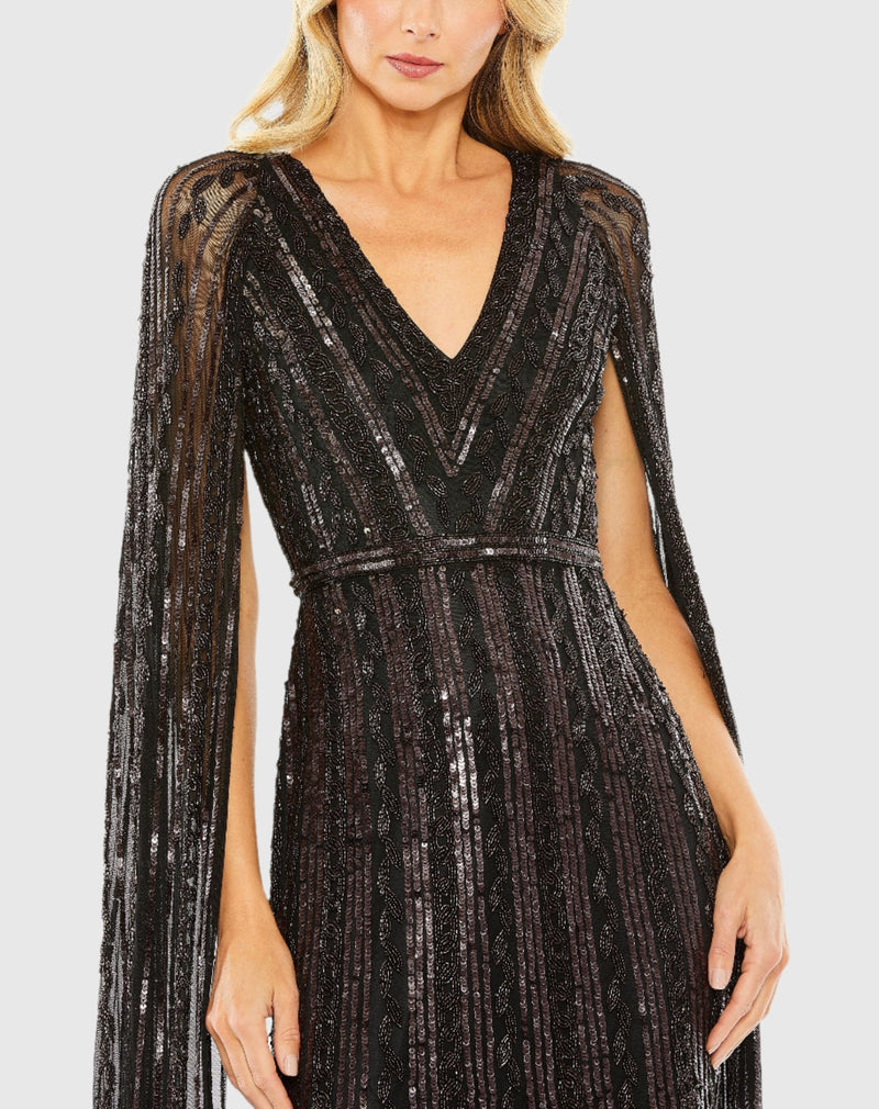 Sequined V-Neck Gown with Cape Sleeves - Blackberry