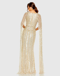 Sequined V-Neck Gown with Cape Sleeves - Blackberry