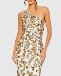 Floral beaded one-shoulder gown - Gold