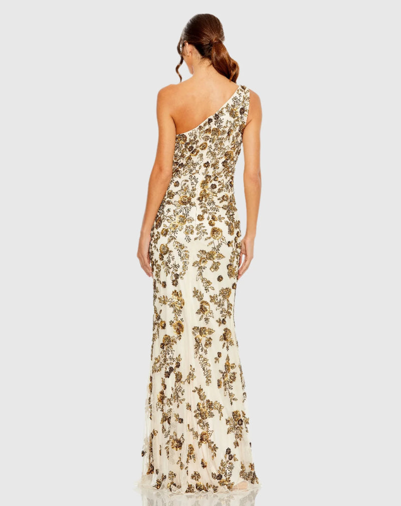 Floral beaded one-shoulder gown - Gold