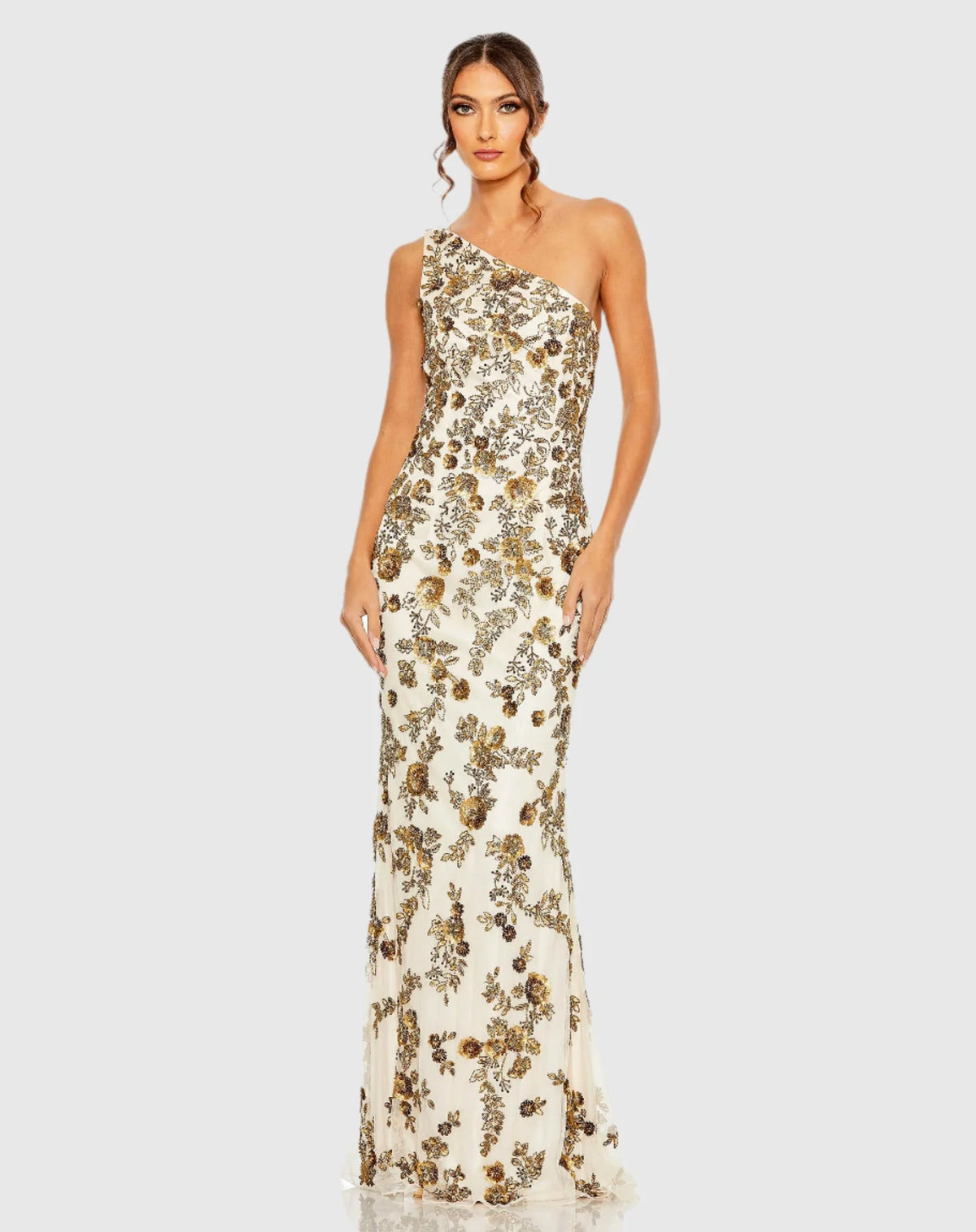 Mac Duggal, Floral beaded one shoulder gown, Gold #5955