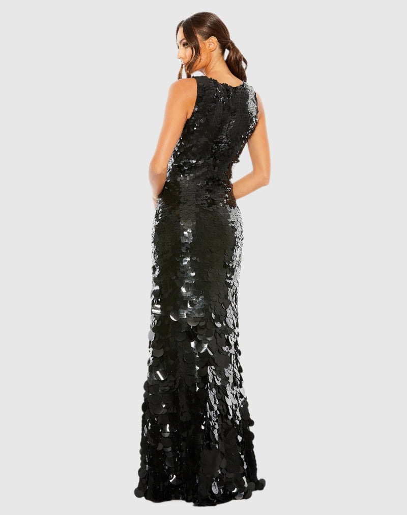 Sleeveless Disc Sequin Gown - Black