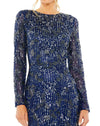 mac duggal, HIGH NECK LONG SLEEVE EMBELLISHED modest DRESS, Style #5988, midnight blue close up