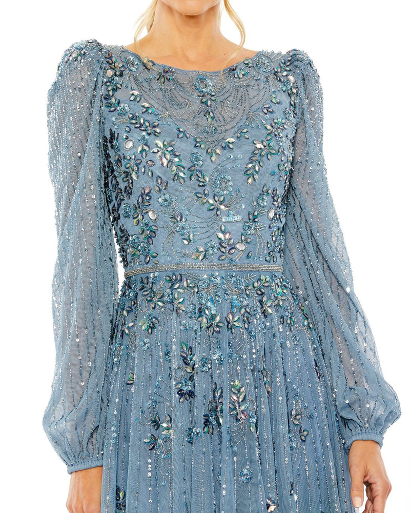 mac duggal, FLORAL EMBELLISHED HIGH NECK PUFF LONG SLEEVE A LINE MIDI MODEST DRESS, Style #5990, slate blue