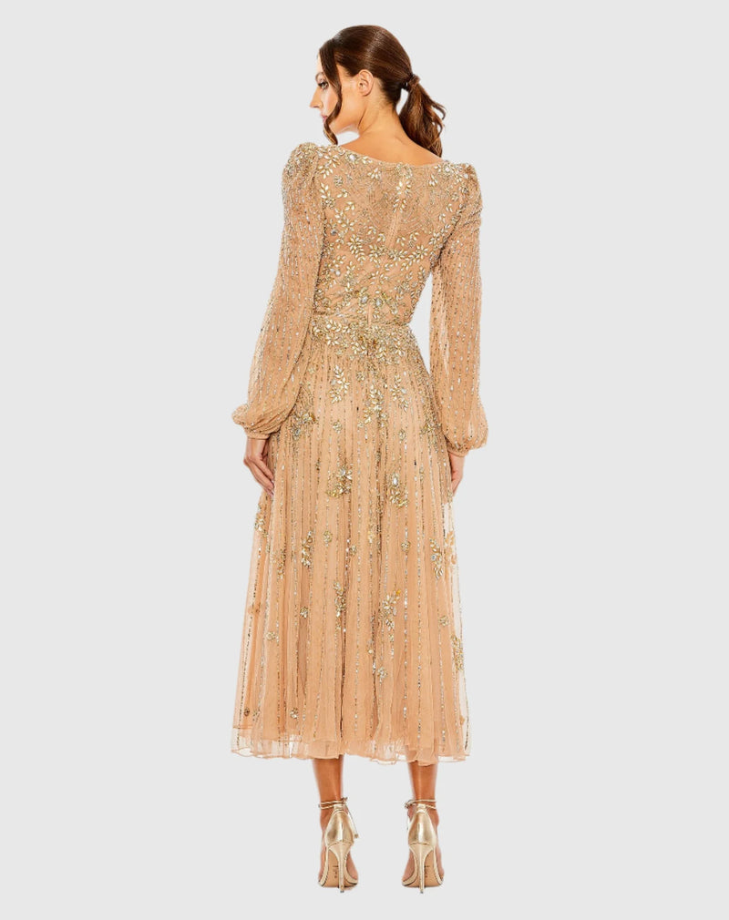 Puff Sleeve Modest Evening Dress - Taupe