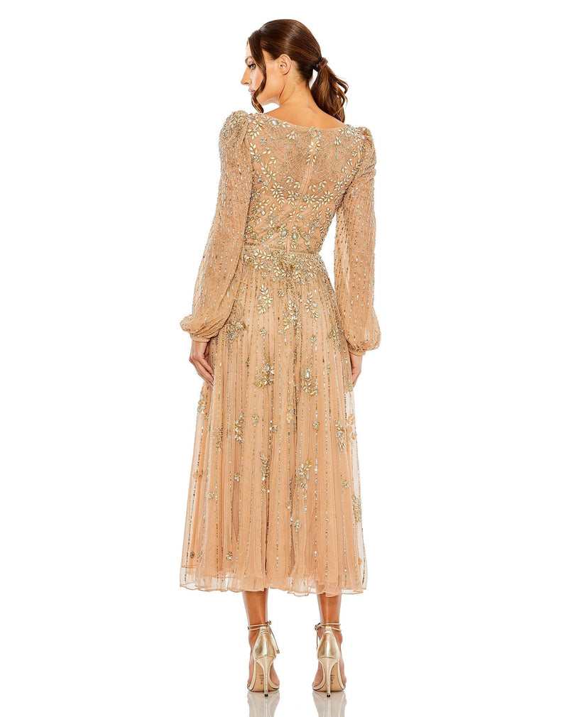 mac duggal, FLORAL EMBELLISHED HIGH NECK PUFF LONG SLEEVE A LINE MIDI MODEST DRESS, Style #5990, GOLD