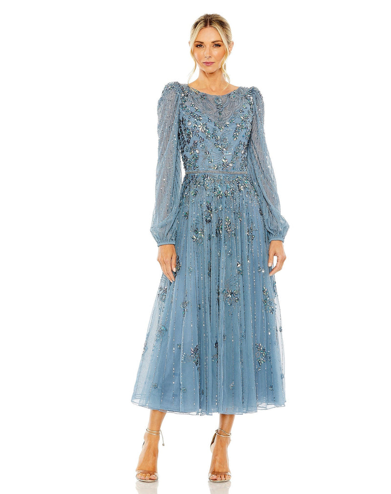 mac duggal, FLORAL EMBELLISHED HIGH NECK PUFF LONG SLEEVE A LINE MIDI MODEST DRESS, Style #5990, slate blue