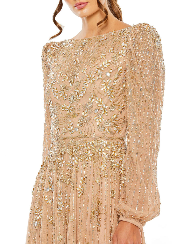 mac duggal, FLORAL EMBELLISHED HIGH NECK PUFF LONG SLEEVE A LINE MIDI MODEST DRESS, Style #5990, GOLD