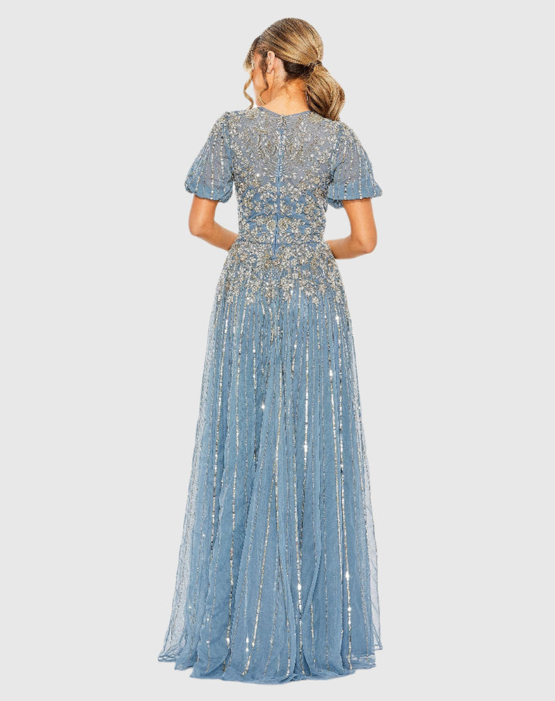 High Neck Puff Sleeve Embellished A Line Gown - Slate Blue