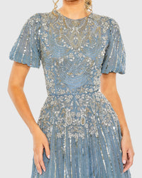 High Neck Puff Sleeve Embellished A Line Gown - Slate Blue