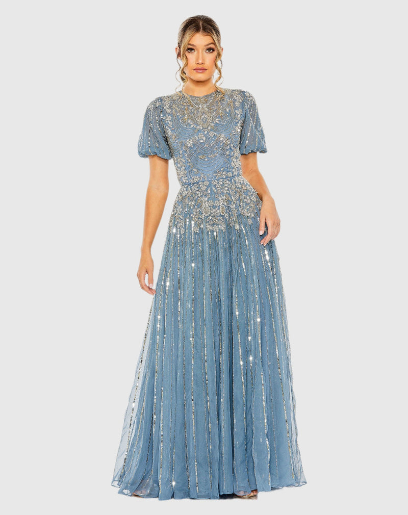 Mac Duggal, High Neck Puff Sleeve Embellished A Line Gown, #5991, Slate Blue