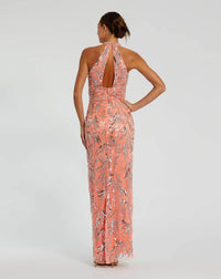 High neck keyhole cutout thigh split gown - Coral