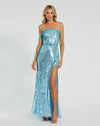 Mac Duggal, Asymmetric one shoulder mesh sequin gown with split - aqua blue #6072