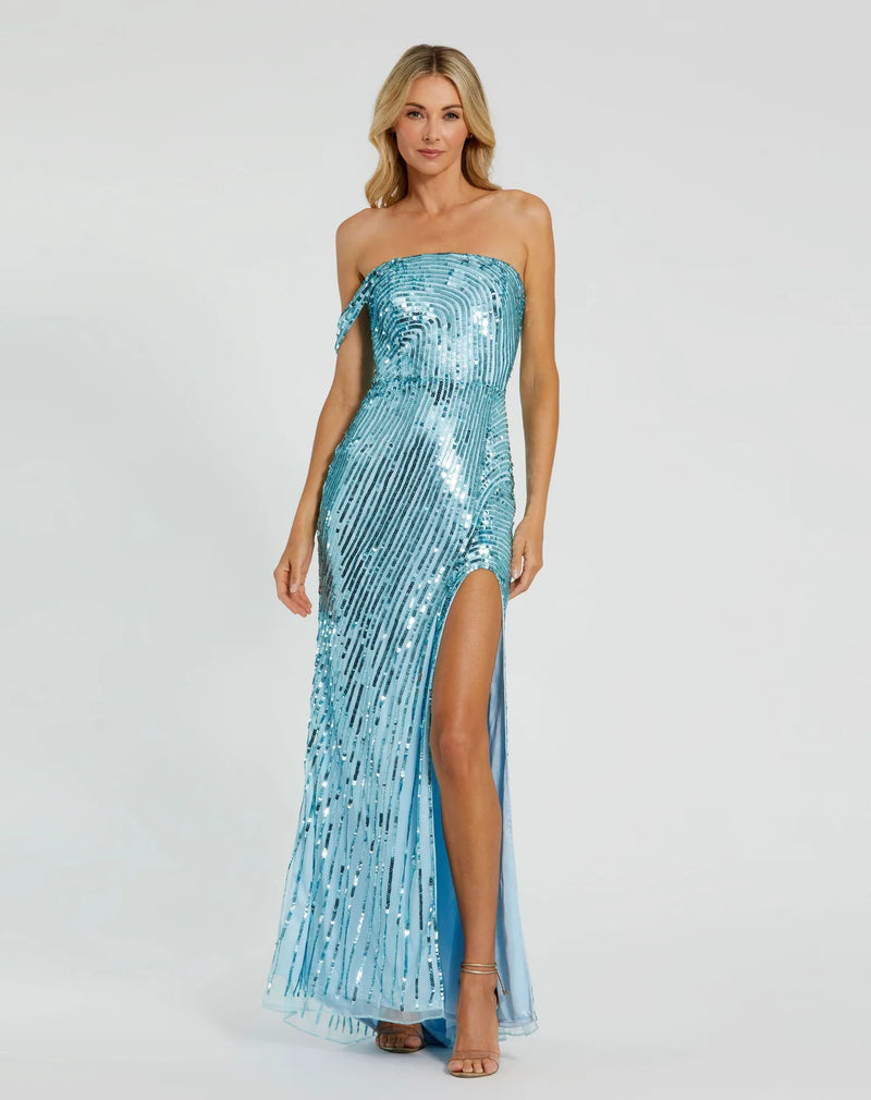 Mac Duggal, Asymmetric one shoulder mesh sequin gown with split - aqua blue #6072