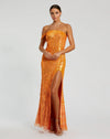 Mac Duggal, Asymmetric one shoulder mesh sequin gown with split - Orange #6072