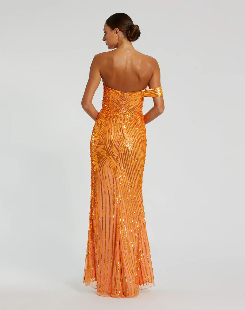 Asymmetric one shoulder mesh sequin gown with split - Orange