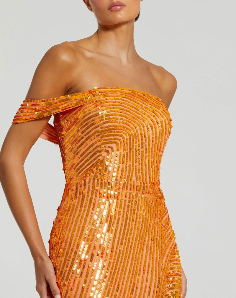 Asymmetric one shoulder mesh sequin gown with split - Orange