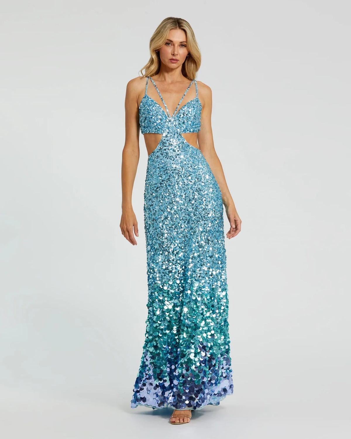 Mac Duggal, Thin strap cut out gown w Ombre Sequins, Blue #6077 