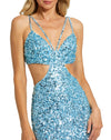 THIN STRAP CUT OUT GOWN WITH OMBRE SEQUINS Style #6077 Designer: Mac Duggal blue close up