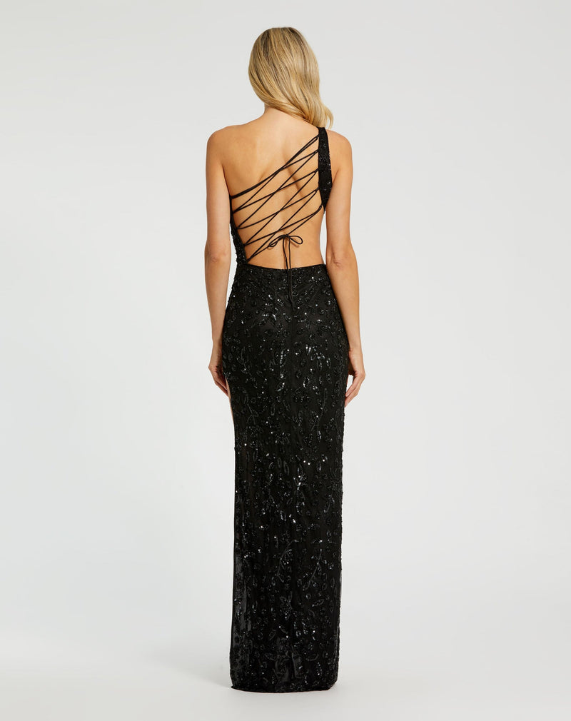 Asymmetric one shoulder lace back sequin gown - Black